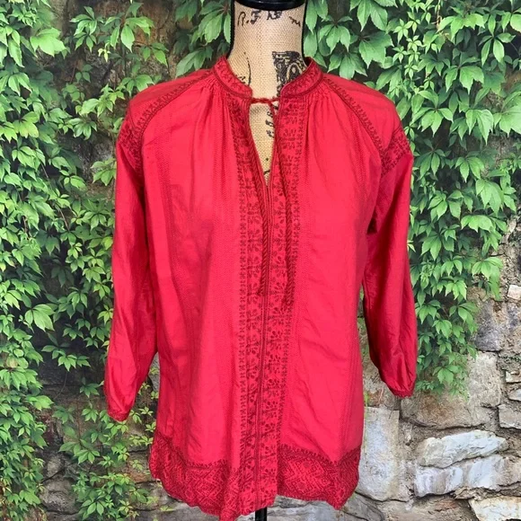 MADEWELL Embellished Tomato Red Cotton Boho Tunic, XS - Picture 3 of 10